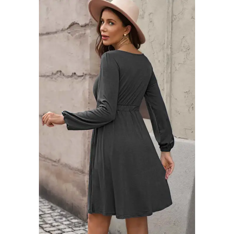 Plus Size Button Front Elastic Waist Long Sleeve Dress Dress