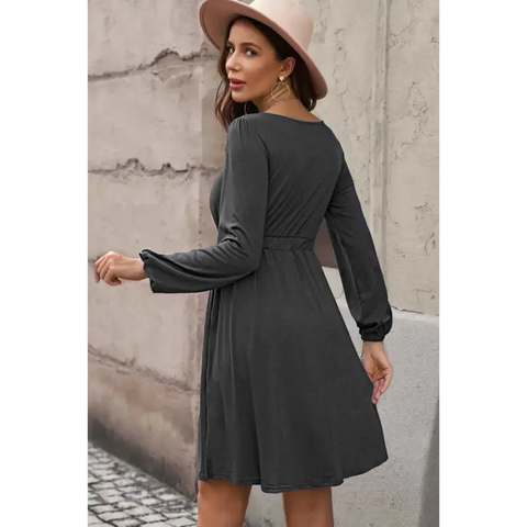 Plus Size Button Front Elastic Waist Long Sleeve Dress Dress