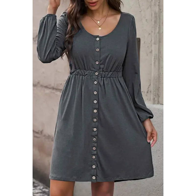 Plus Size Button Front Elastic Waist Long Sleeve Dress Dress