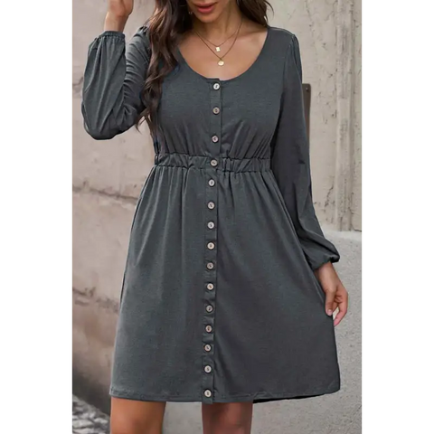 Plus Size Button Front Elastic Waist Long Sleeve Dress Dress