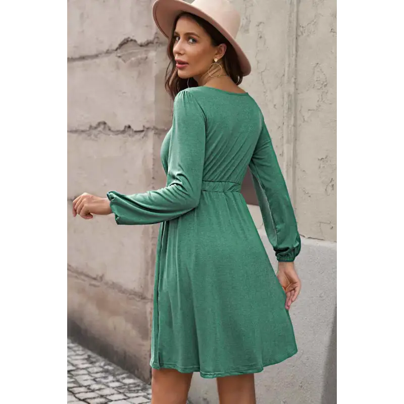 Plus Size Button Front Elastic Waist Long Sleeve Dress Dress