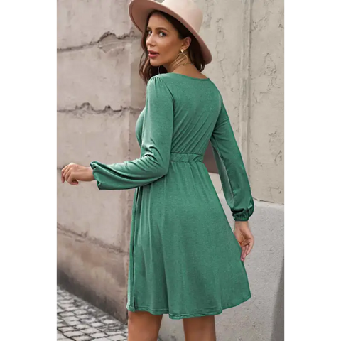 Plus Size Button Front Elastic Waist Long Sleeve Dress Dress