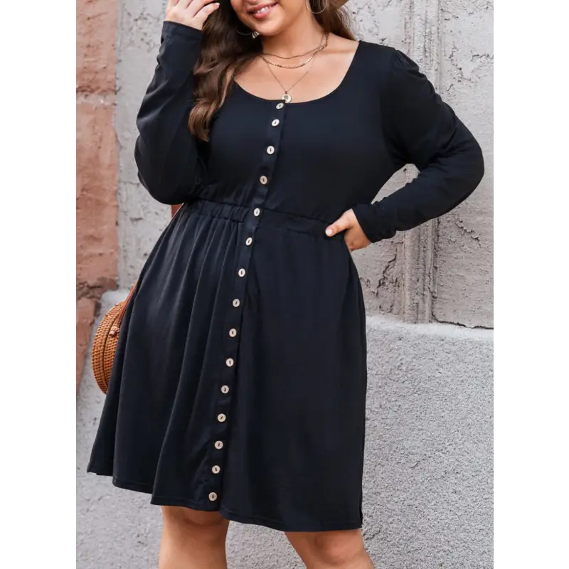 Plus Size Button Front Elastic Waist Long Sleeve Dress Dress