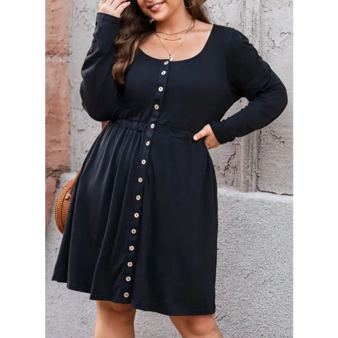 Plus Size Button Front Elastic Waist Long Sleeve Dress Dress