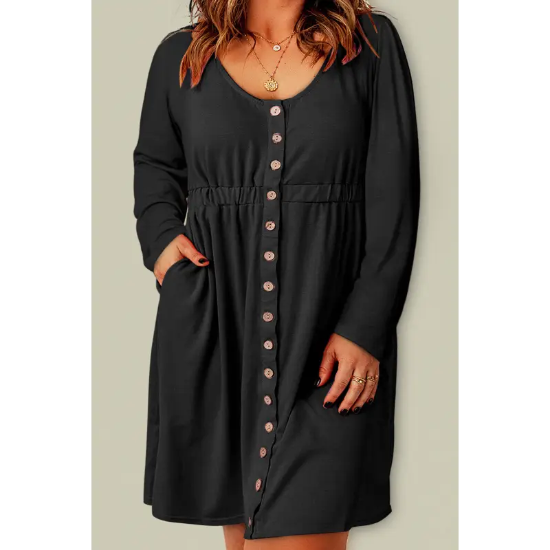 Plus Size Button Front Elastic Waist Long Sleeve Dress Black Dress