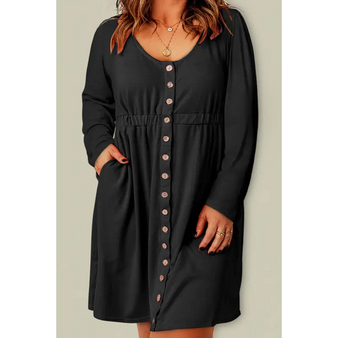 Plus Size Button Front Elastic Waist Long Sleeve Dress Black Dress