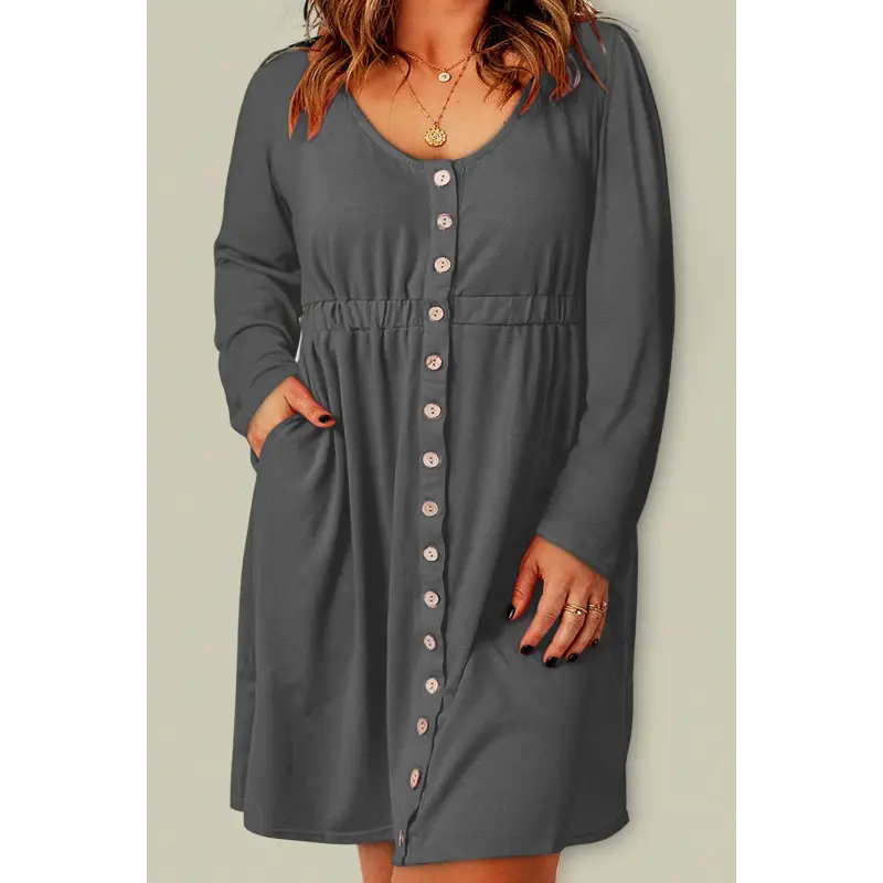 Plus Size Button Front Elastic Waist Long Sleeve Dress Gray Dress