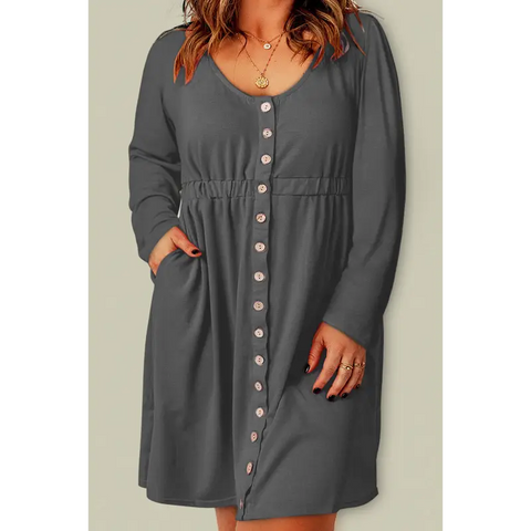 Plus Size Button Front Elastic Waist Long Sleeve Dress Gray Dress