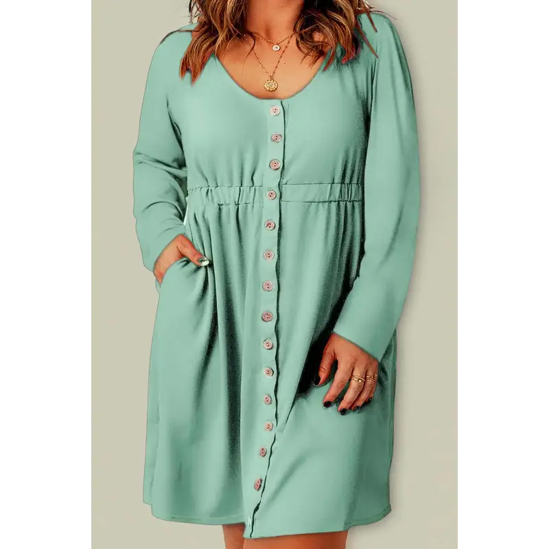 Plus Size Button Front Elastic Waist Long Sleeve Dress Green Dress