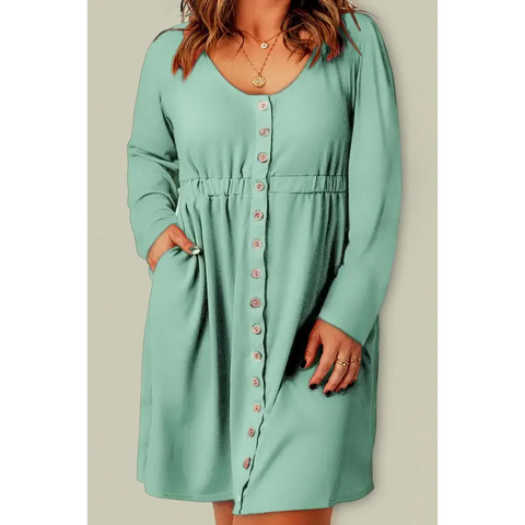 Plus Size Button Front Elastic Waist Long Sleeve Dress Green Dress