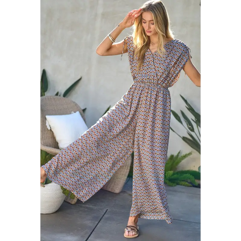 PRINTED V NECK SLEEVELESS JUMPSUIT Jumpsuits and Rompers