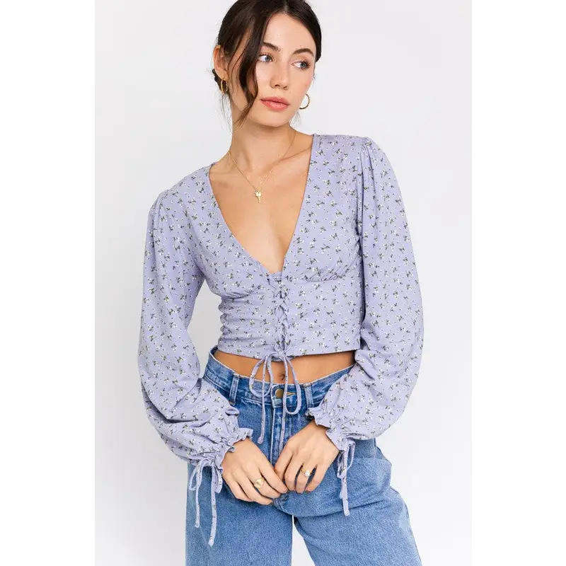 PUFF SLEEVE LACE UP V NECK TOP LT BLUE-WHITE DITSY Top