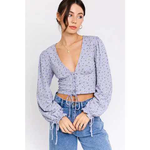 PUFF SLEEVE LACE UP V NECK TOP LT BLUE-WHITE DITSY Top