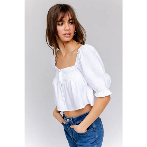 PUFF SLEEVE SMOCKING DETAIL FLARED TOP Tops