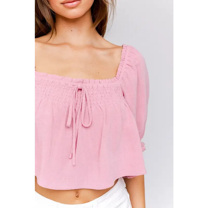PUFF SLEEVE SMOCKING DETAIL FLARED TOP Tops