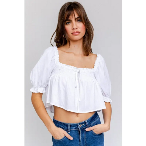 PUFF SLEEVE SMOCKING DETAIL FLARED TOP WHITE Tops