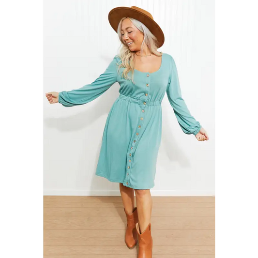 Scoop Neck Empire Waist Long Sleeve Mini Dress Green Dress