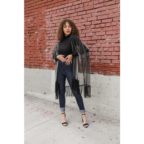 Sheer Metallic Tassel Trim Kimono