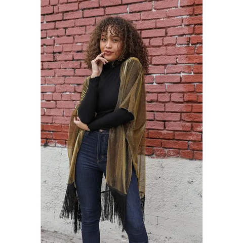 Sheer Metallic Tassel Trim Kimono