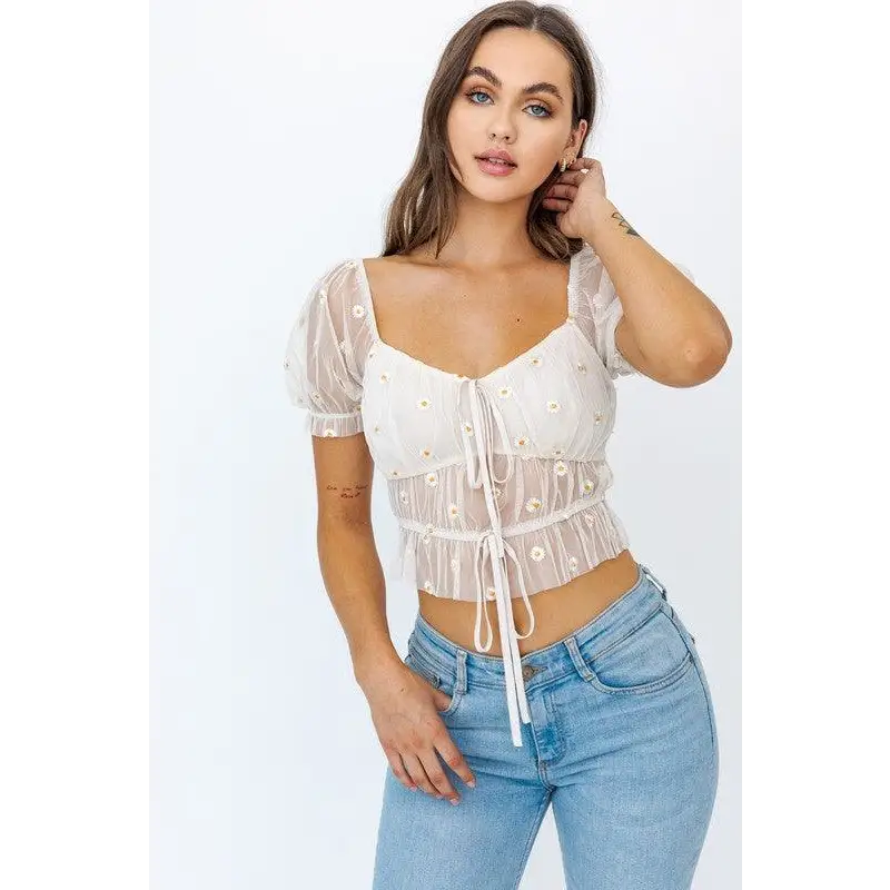 SHORT SLEEVE RUCHED EMBROIDERY CROP TOP IVORY-YELLOW FLORAL Tops