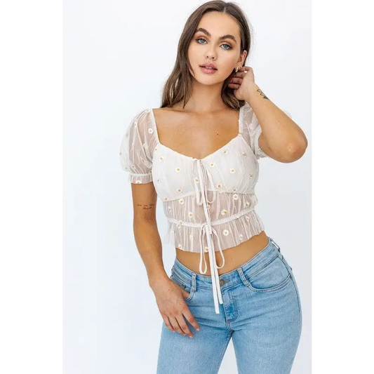 SHORT SLEEVE RUCHED EMBROIDERY CROP TOP IVORY-YELLOW FLORAL Tops