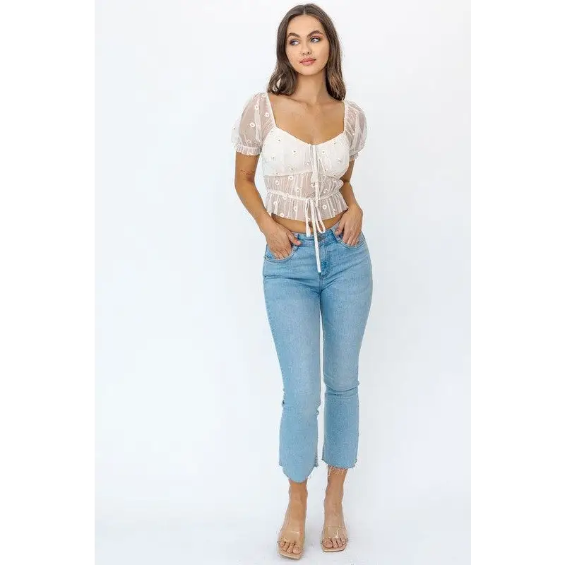 SHORT SLEEVE RUCHED EMBROIDERY CROP TOP Tops
