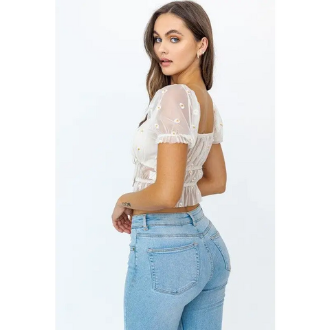SHORT SLEEVE RUCHED EMBROIDERY CROP TOP Tops