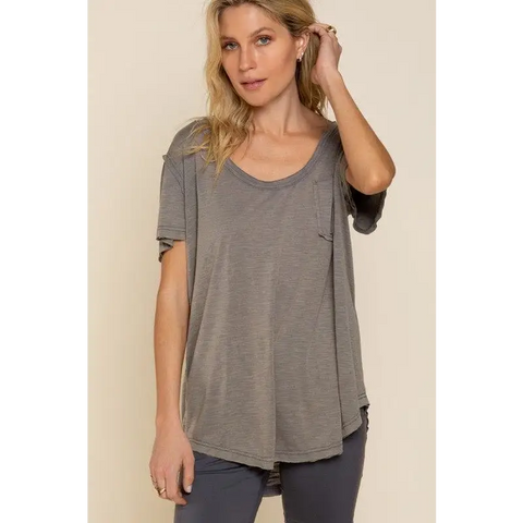 Short Sleeve Scoop Neck Top with Chest Pocket CHARCOAL Top