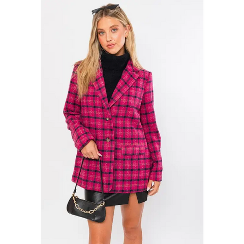 Single Button Plaid Blazer FUCHSIA PLAID Blazer