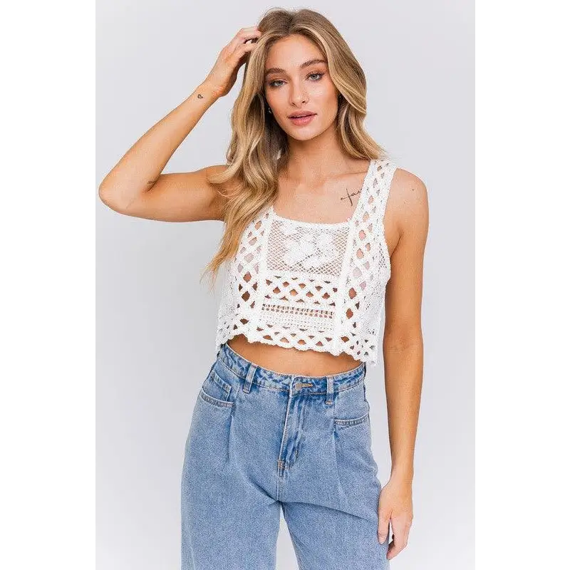 SLEEVELESS CROCHET TOP WHITE Tops