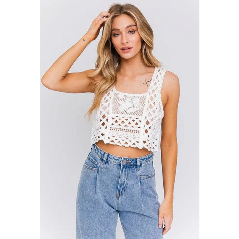 SLEEVELESS CROCHET TOP WHITE Tops