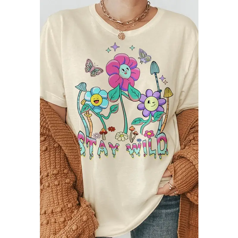 Stay Wild, Retro Graphic Tee Natural Graphic Tee