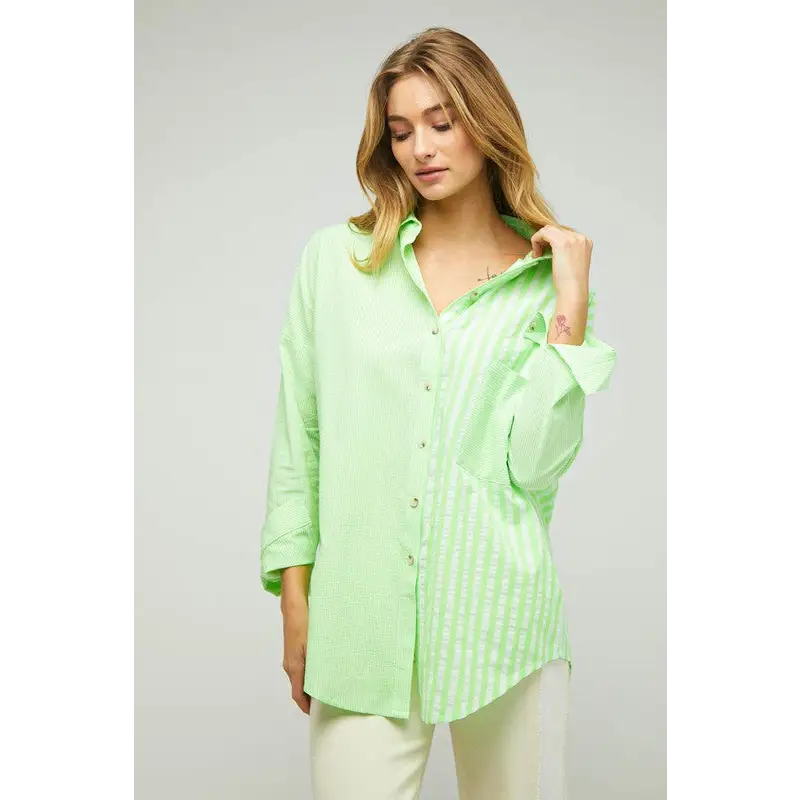 Striped Button Down Long Sleeve Shirt Neon Green Top