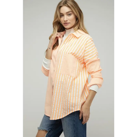 Striped Button Down Long Sleeve Shirt Neon Orange Top