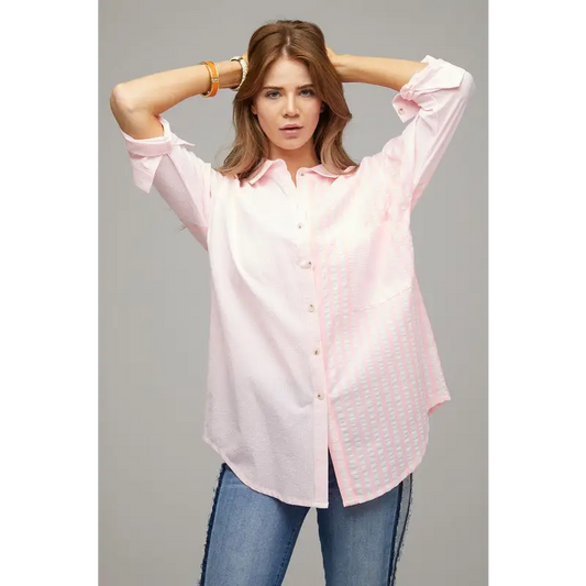Striped Button Down Long Sleeve Shirt Pink Top