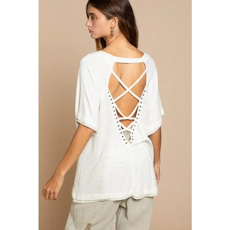Studded Strappy Back Waffle Mixed Knit Top Top