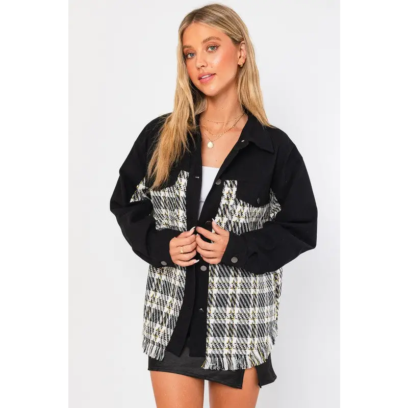 Twill and Tweed Mix Shacket BLACK PLAID Jacket