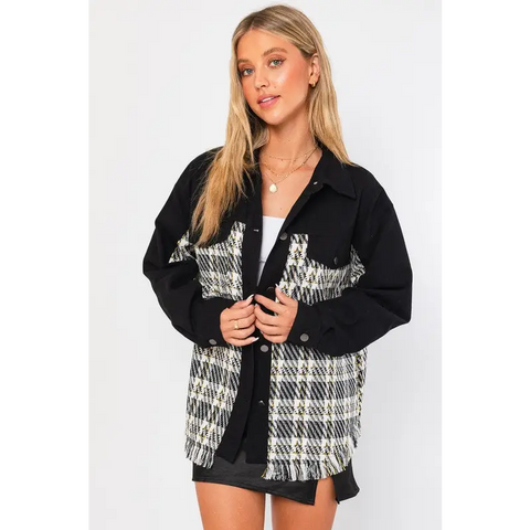 Twill and Tweed Mix Shacket BLACK PLAID Jacket