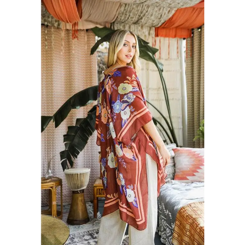 Wallflower Bloom Kimono w/ Tassels Rust One Size
