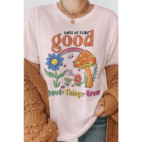 When We Plant Good Seeds, Retro Graphic Tee Soft Pink Graphic Tee