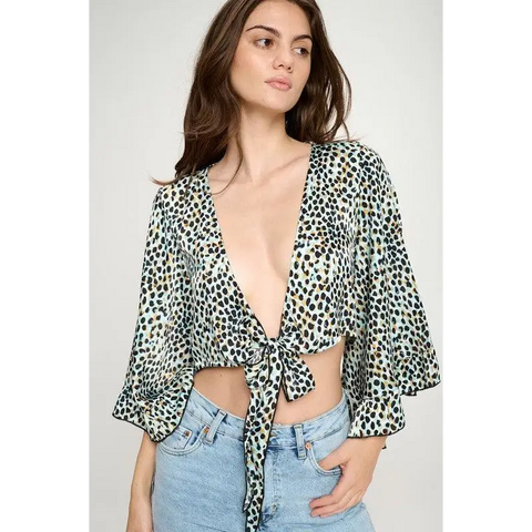 Wide ruffle sleeves tie crop cardigan leopard Top