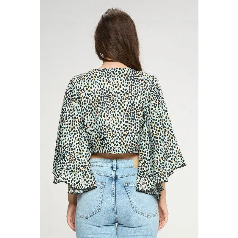 Wide ruffle sleeves tie crop cardigan leopard Top