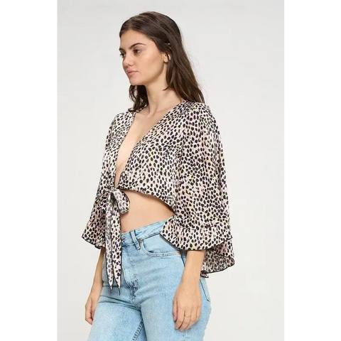 Wide ruffle sleeves tie crop cardigan leopard Top