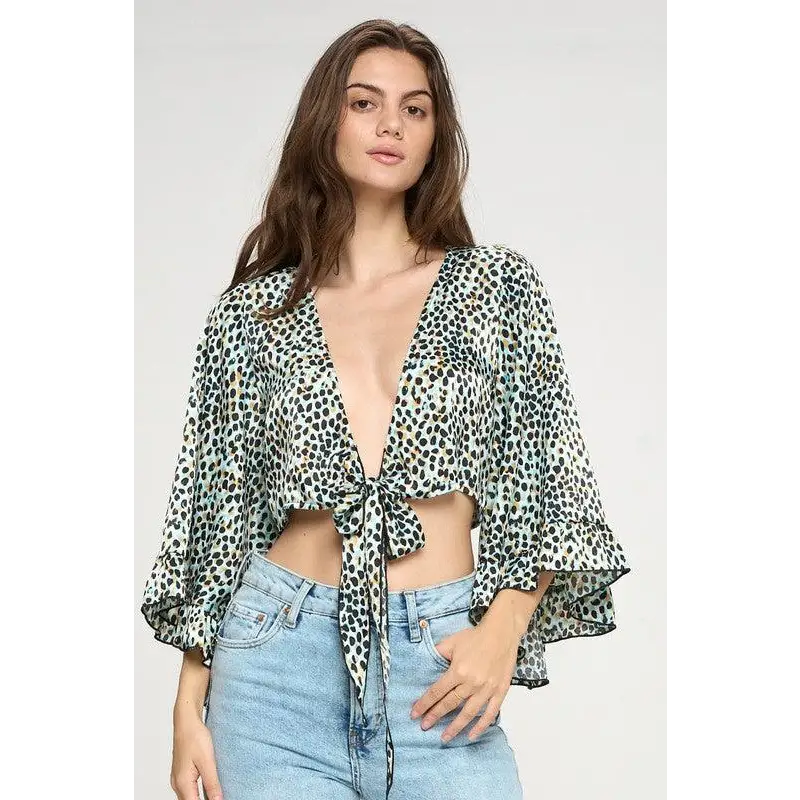 Wide ruffle sleeves tie crop cardigan leopard Top