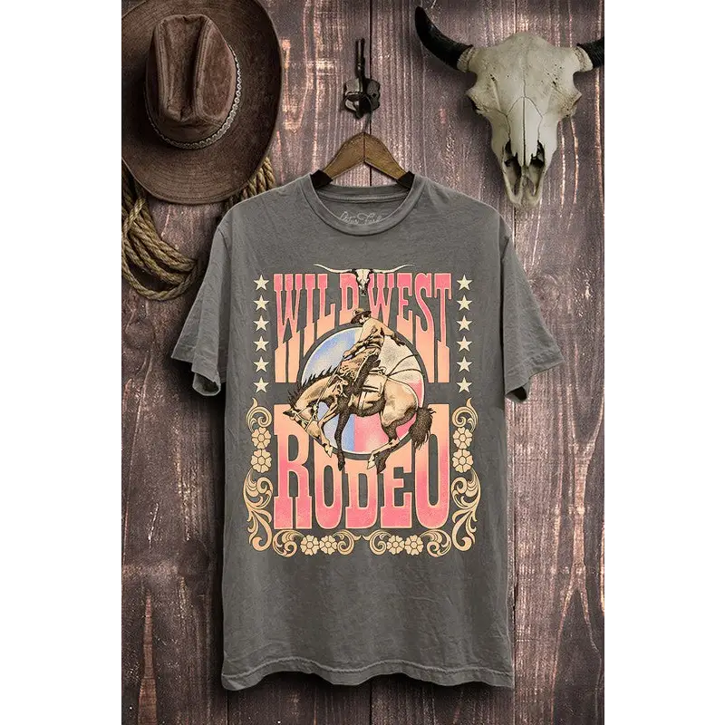 Wild West Rodeo Graphic Top Stone Gray Mineral Wash XL Graphic Tee