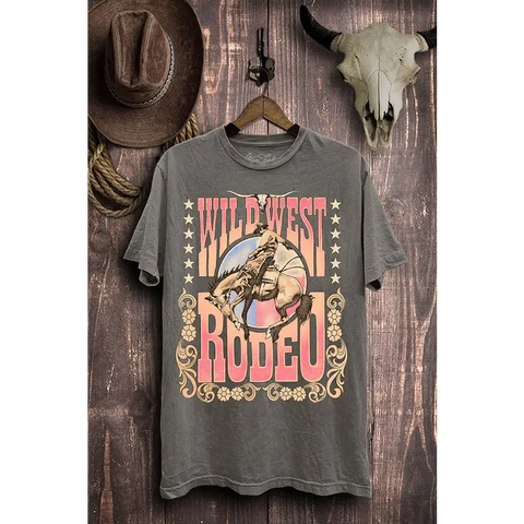 Wild West Rodeo Graphic Top Stone Gray Mineral Wash XL Graphic Tee