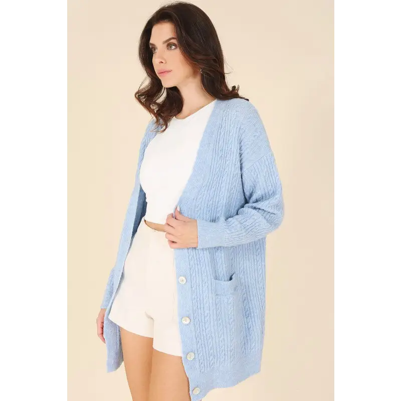 Wool blended cable knitted cardigan Light blue cardigan