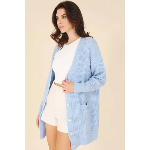 Wool blended cable knitted cardigan Light blue cardigan