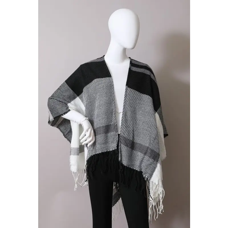 Woven Flannel Tassel Ruana Black Default Kimono Cardigan