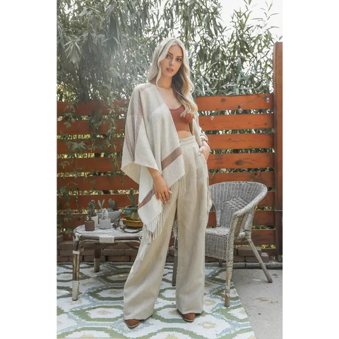 Woven Flannel Tassel Ruana Kimono Cardigan